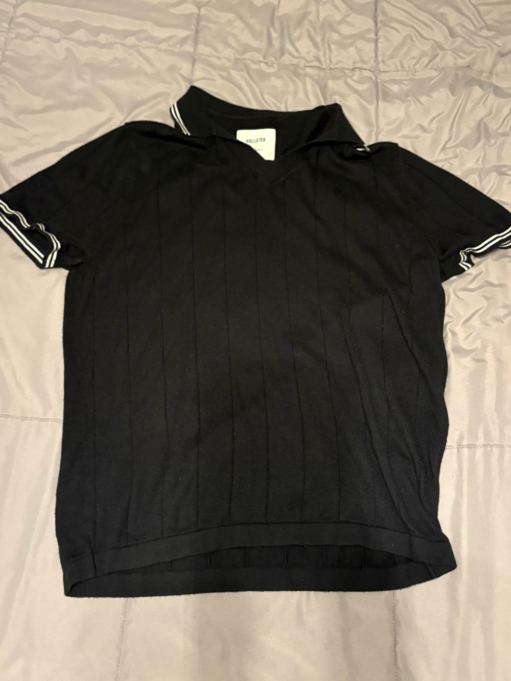 Hollister Black Knit Polo with White Stripes on Sleeves
